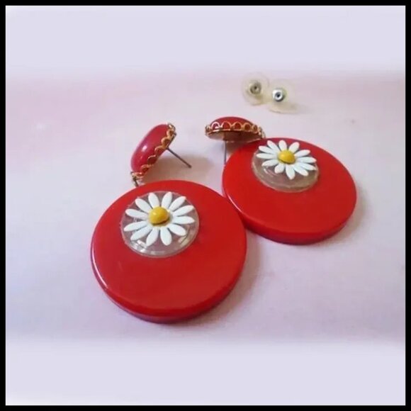 Red Hoop Earrings With Daisy Dangles OOAK Recycled Vintage Retro Vibe - Picture 4 of 9